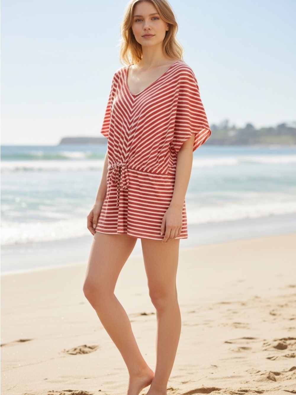UMGEE USA Coral White Striped Tie Waist Cover-Up Small
